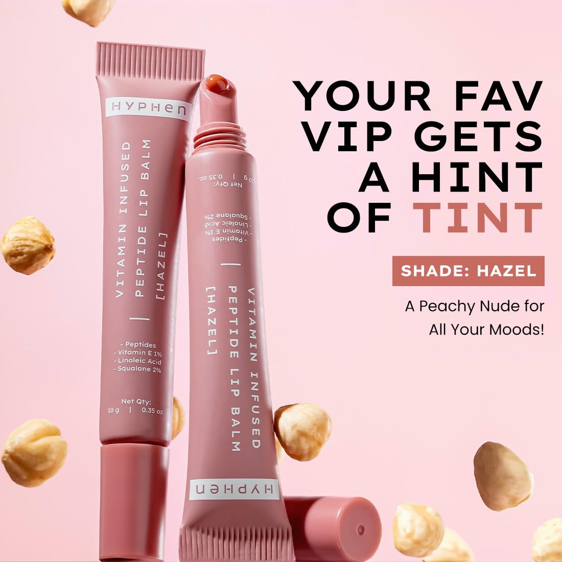 Hyphen Tinted Lip Balm - Hazel | 1% Vitamin E, 2% Squalane & Peptides | Brightening Lip Balm for Dark Lips | 24h Moisturization & Hydration for Dry & Chapped Lips - 10 g, Brown