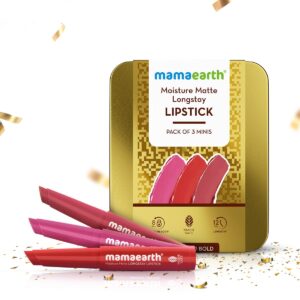 Get bold, vibrant lips with the Mamaearth Moisture Matte Long Stay Lipstick Minis Gift Set – Bright & Bold . Featuring 12-hour long stay, smudge-proof formula & 8-hour moisture lock, this travel-friendly mini set delivers hydrated matte finish perfect for daily & party use.