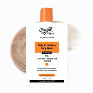Chemist At Play Exfoliating Body Wash 236ml | Removes Tan, Fights Body Acne, Strawberry Skin | 4% (Salicylic Acid, Vitamin E & Lactic Acid) | Gentle Exfoliating Detan Shower Gel For Women & Men