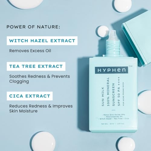 Hyphen SUN MILK 100% MINERAL SUNSCREEN SPF 50 PA++++ UV+ Bluelight Protection, Acne Prone & Oily Skin, Zinc Oxide Mineral Sun Shield , Sun Milk Sensitive Skin Protection ,Mineral Sun Defense for Oily & Acne-Prone Skin ,Water Resistant Sun Protect For women and men - 50 ml - Image 2